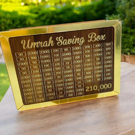 ( FREE HOME DELIVERY ) Umrah Saving Box - Wooden Islamic Money Box - 280 Days Umrah Savings Box Plan